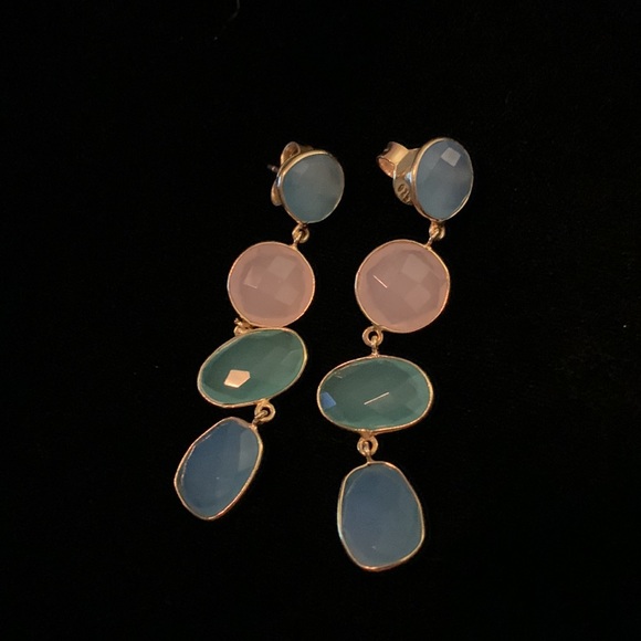 Beautiful Gemstone Dangle Earrings.  Gold four stone dangle earrings. - Picture 4 of 7